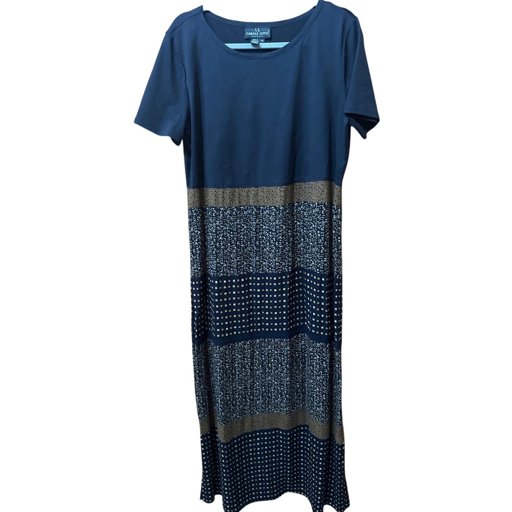Carole Little Black Gold Mixed Print Maxi Dress Short Sleeve Size 14 Vintage 90s
